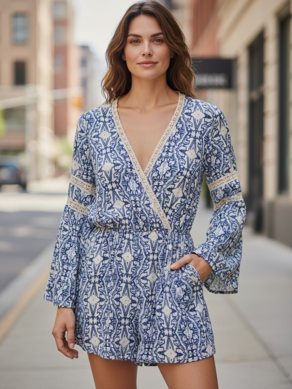 Blue and Cream Printed V-Neck Romper